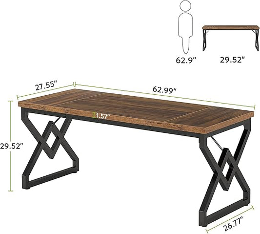 Tribesigns 63-inch Executive Desk, Large Office Computer Desk with Extra Thick Wooden Tabletop and Metal Frame, Modern Simple Workstation Writing Table Study Desk for Home Office, Vintage Brown